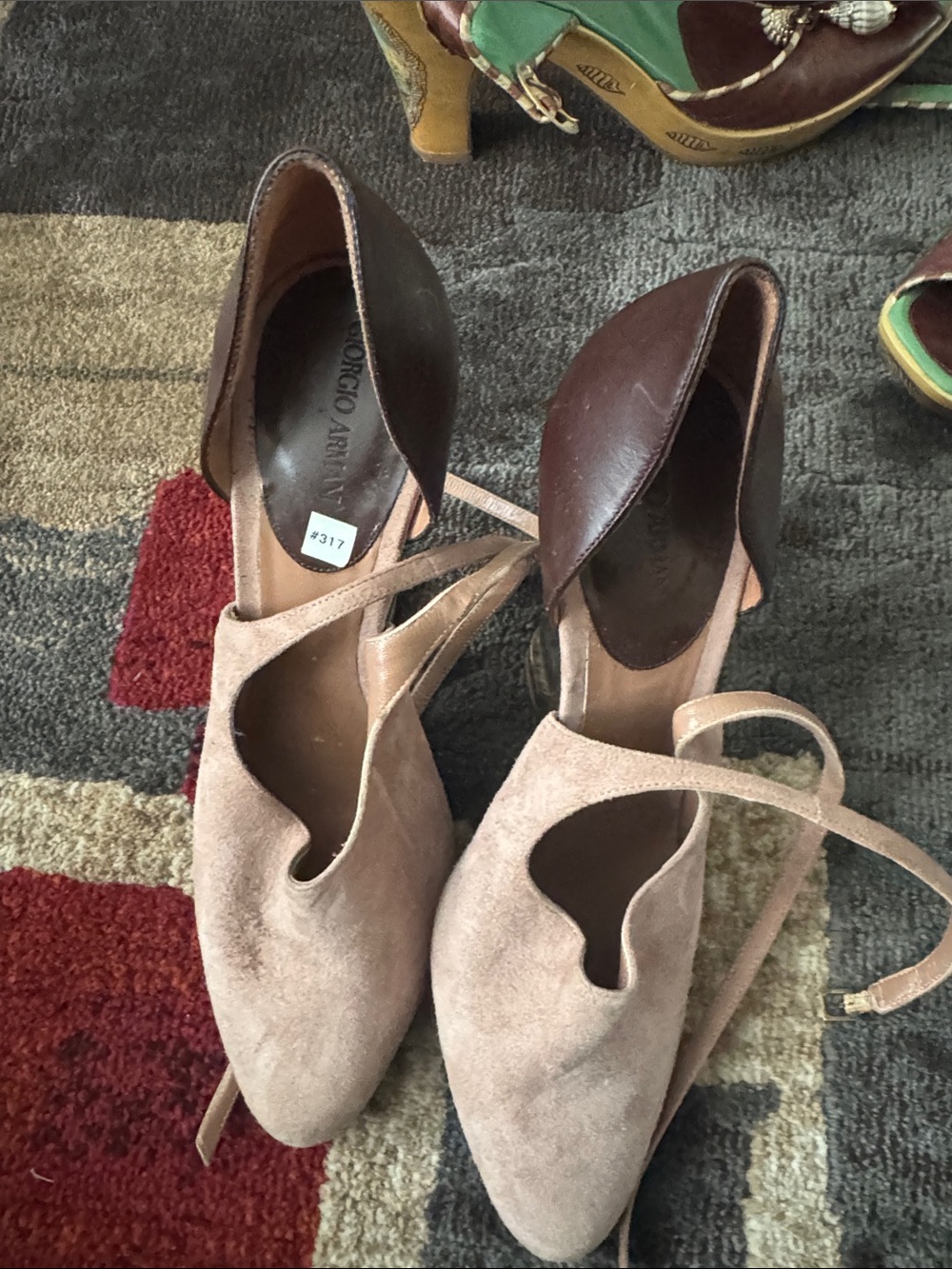 Giorgio Armani Beige Suede and Brown Leather Pointed-Toe Ankle-Strap Heels
